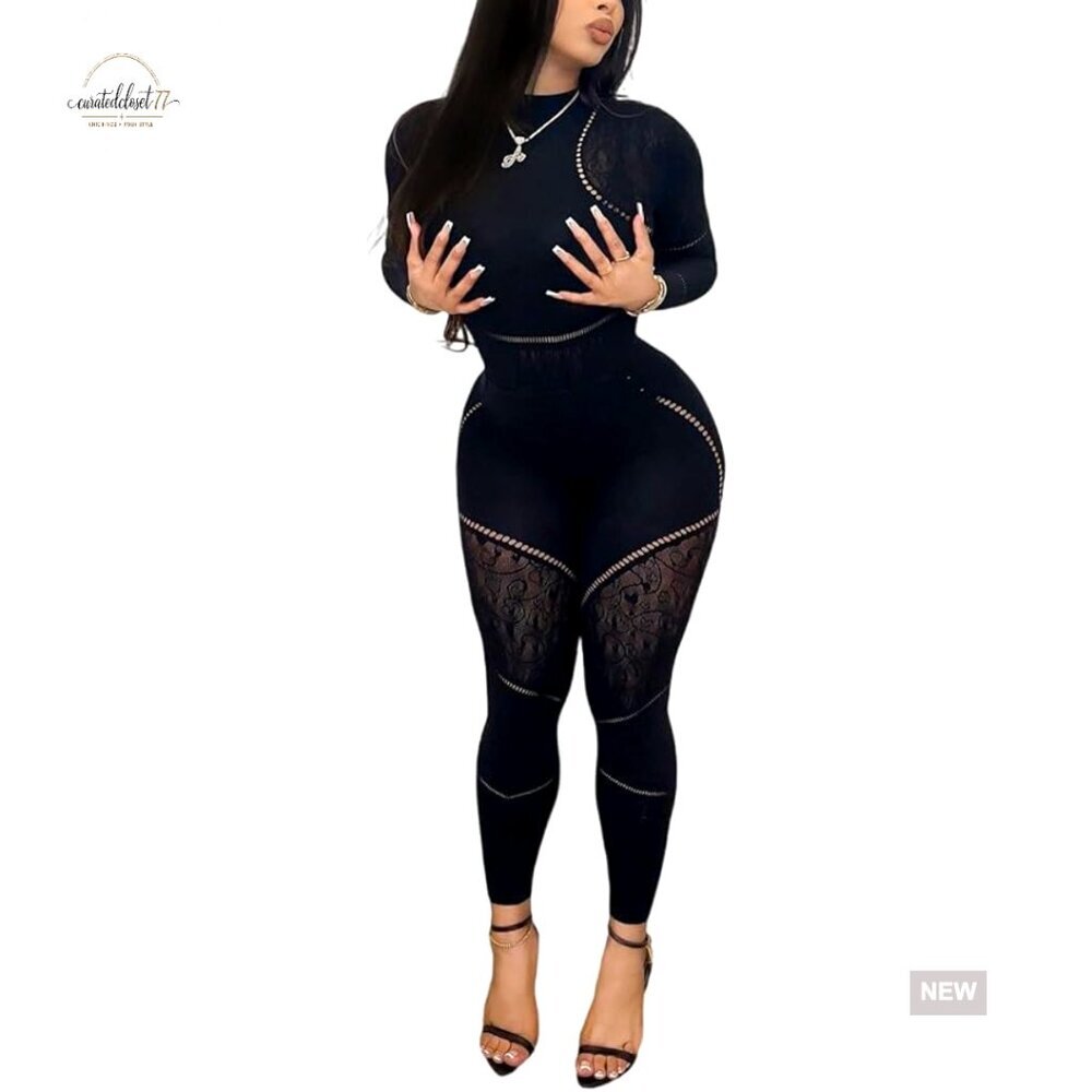 Seamless Jumpsuit Set Long Sleeve Mock Neck Bodysuit Leggings Stretch